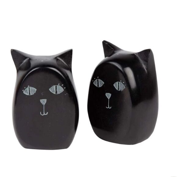 Cat Carved Black Palewa Stone Salt & Pepper Shakers 3" - Picture 1 of 1